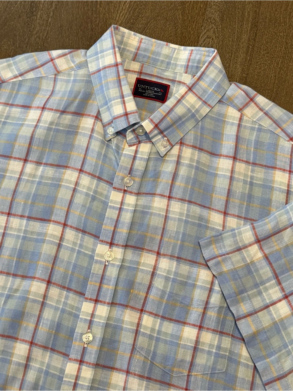 UNTUCKit Men’s Short Sleeve Button Down Plaid Shirt Linen Blue Red Size Large